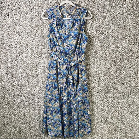 Entro Dress Women’s Medium Blue/Purple/Tan Floral Print Sleeveless V-Neck Midi - Picture 1 of 7